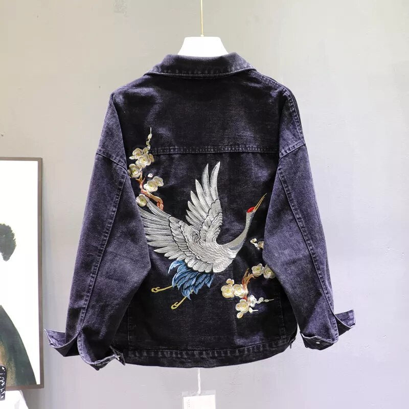 2023 Autumn Loose-Fit Denim Jacket Handsome Boyfriend Wind Heavy Embroidery Small Crane Fashionable Black Jacket Womenes