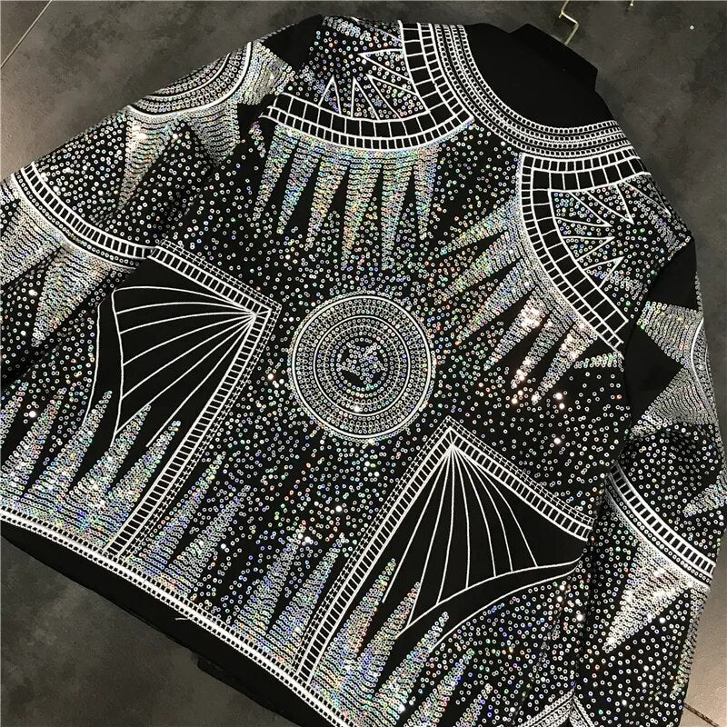 Women Shiny Jacket 2023 Silver Sequins Geometric Bomber Jackets O Neck Nationality Embroid Coat Casual Outerwear Female Clothing