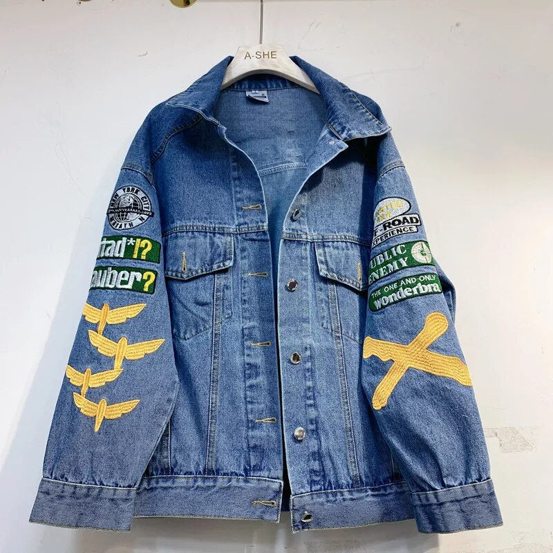 2023 New Loose Rhinestone Letter Denim Jacket Women's All-Match Hip Hop Vintage Jeans Coat Fashion Embroidery Beading Top