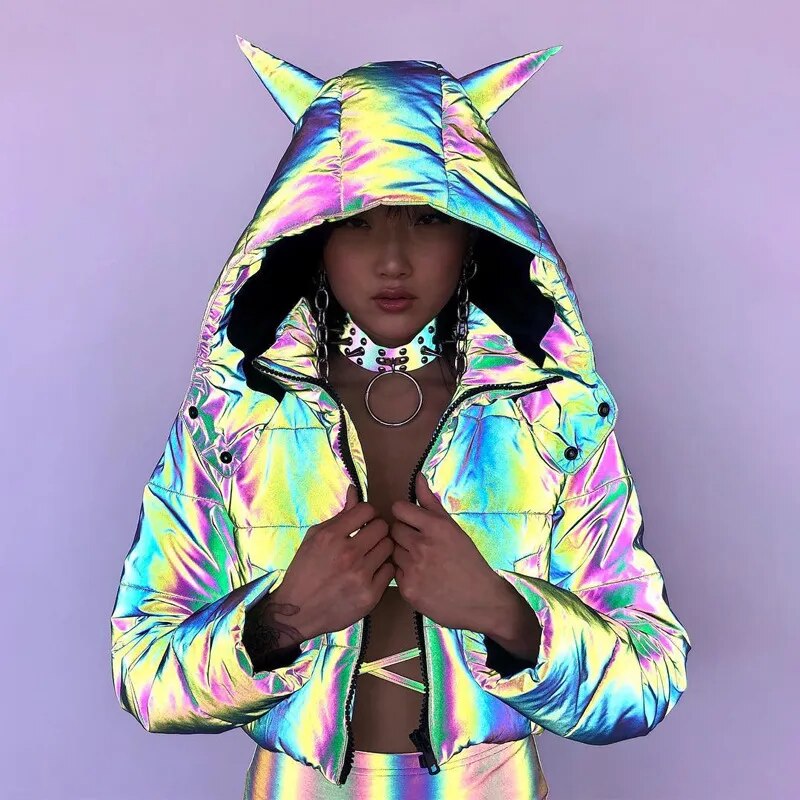 Winter Warm Women Rainbow Reflective Jacket Parka Hip Hop Fashion Short Long Female Cotton-Padded Hooded Coat Crop Top Dropshing