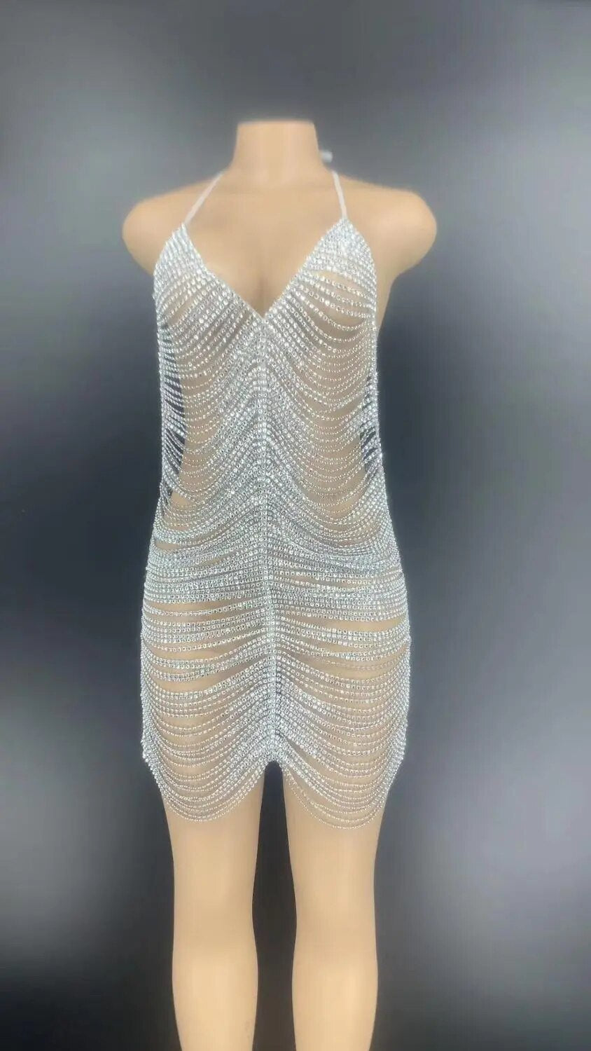 Vestido corto sexi de escenario con cadena de diamantes de imitación para mujer, vestido negro y plateado con cadena para baile de graduación y baile de graduación, traje hueco con espalda descubierta para mujer, vestido de celebración de cumpleaños