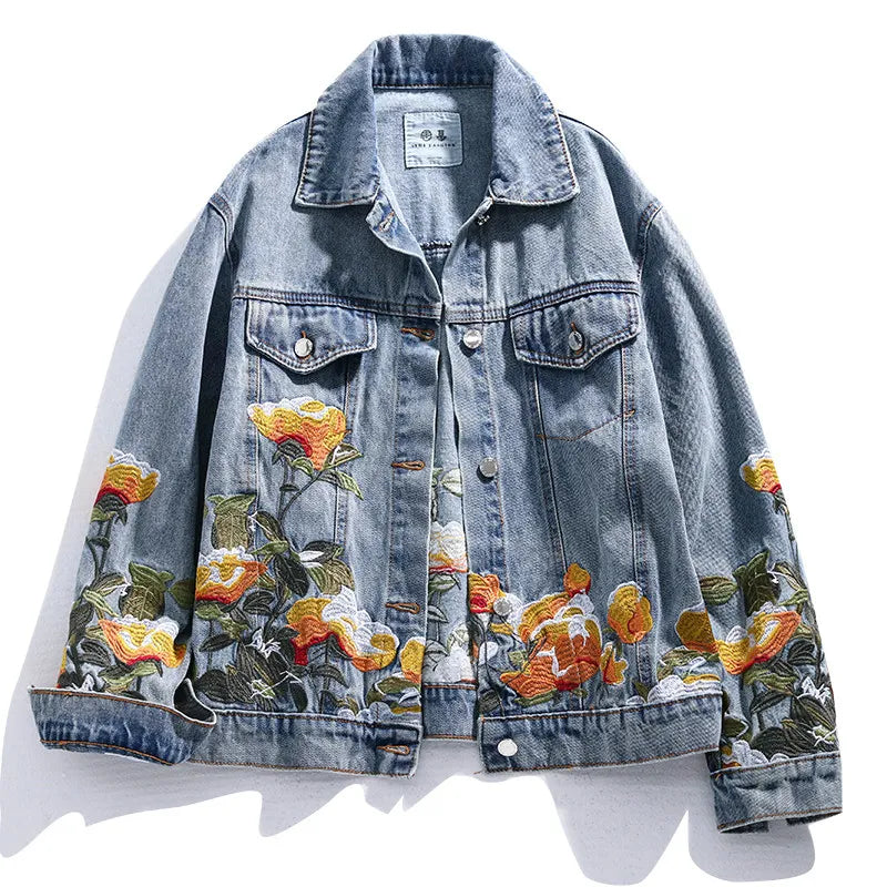 2023 Spring Autumn New Embroidered Flower Jeans Jacket Women Loose Short Coat Denim Jacket Vintage Casual Outerwear Womens Ropa