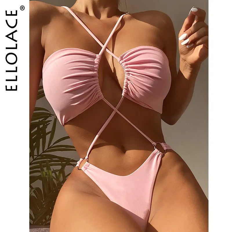 Cross Halter Swimsuit One Piece 2022 NEW Micro Bikini Toe Ruched Swimwear Trikini Bandeau Monokini Sexy Beach Wear