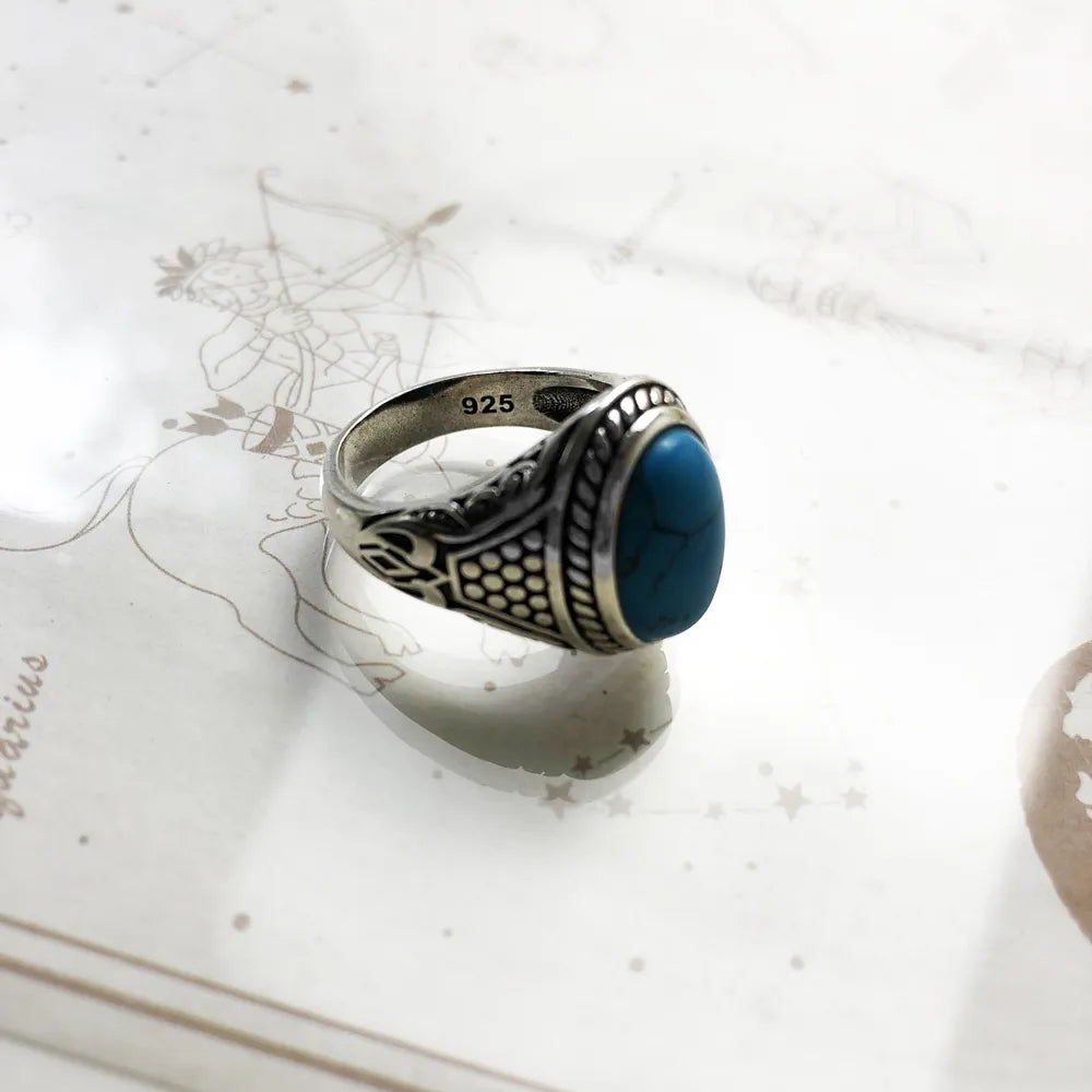 Anillo de la suerte personal azul ovalado, joyería fina étnica para mujeres y hombres, regalo energético de otoño en plata de ley 925