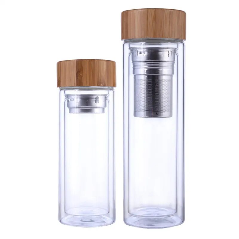 350/450Ml Double Wall Glass Water Bottle Tea Infuser Office Tea Cup Stainless Steel Filters Bamboo Lid Travel Drinkware