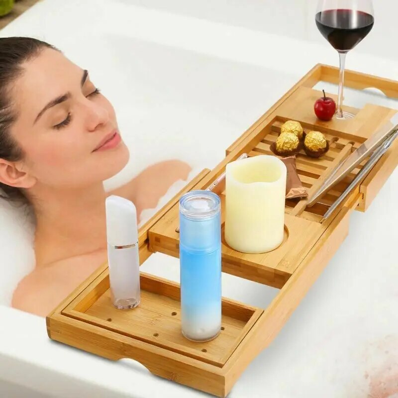 Bathtub Caddy Bamboo Bath Tub Rack Tray Bathroom Cloth Book/Pad/Tablet Holder