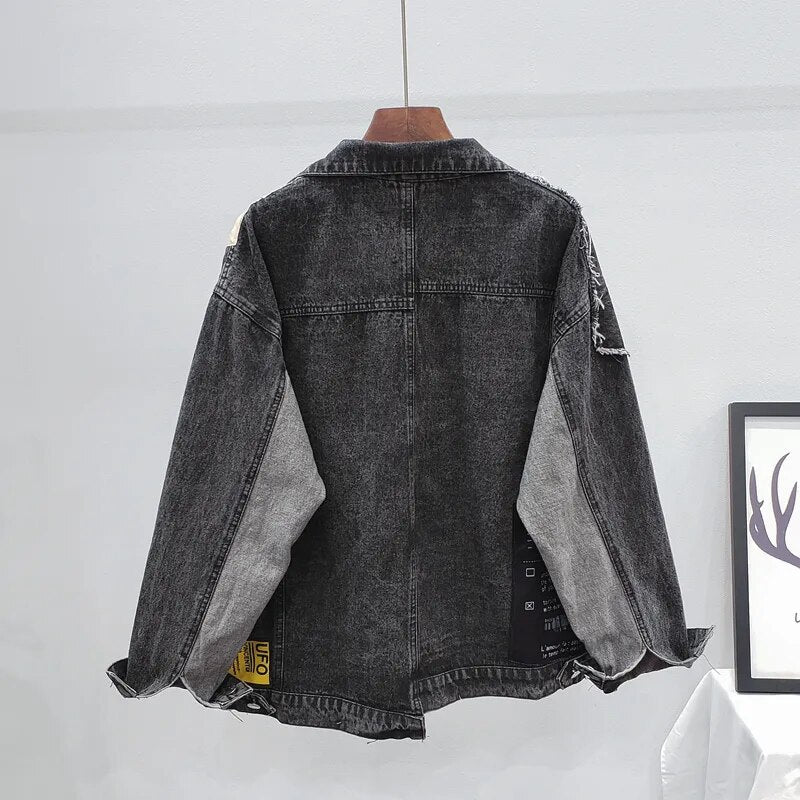 Denim Jacket Oversize Ladies Spring And Autumn Personality Patch Stitching Jacket Bf Punk Jacket Jean Jacket Ropa De Mujer