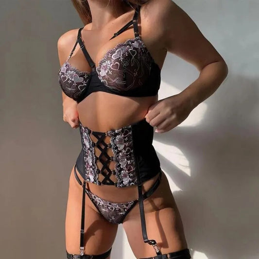 Lencería sensual para mujer, ropa interior para mujer, sujetador elegante con huesos, conjuntos breves, conjunto de Bilizna Sexy con pretina 