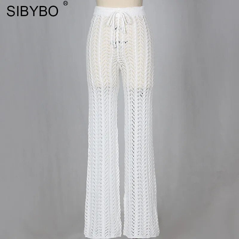 Sibybo évider tricoté taille haute Sexy pantalon femmes mode Crochet lâche automne pantalon femmes coton décontracté dames pantalon