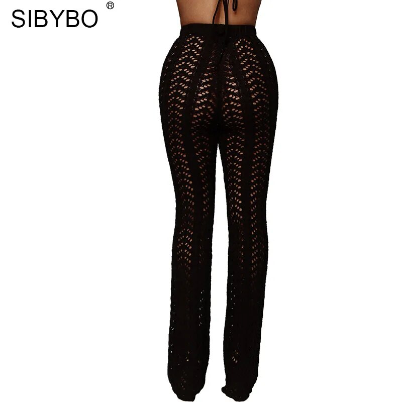 Sibybo évider tricoté taille haute Sexy pantalon femmes mode Crochet lâche automne pantalon femmes coton décontracté dames pantalon