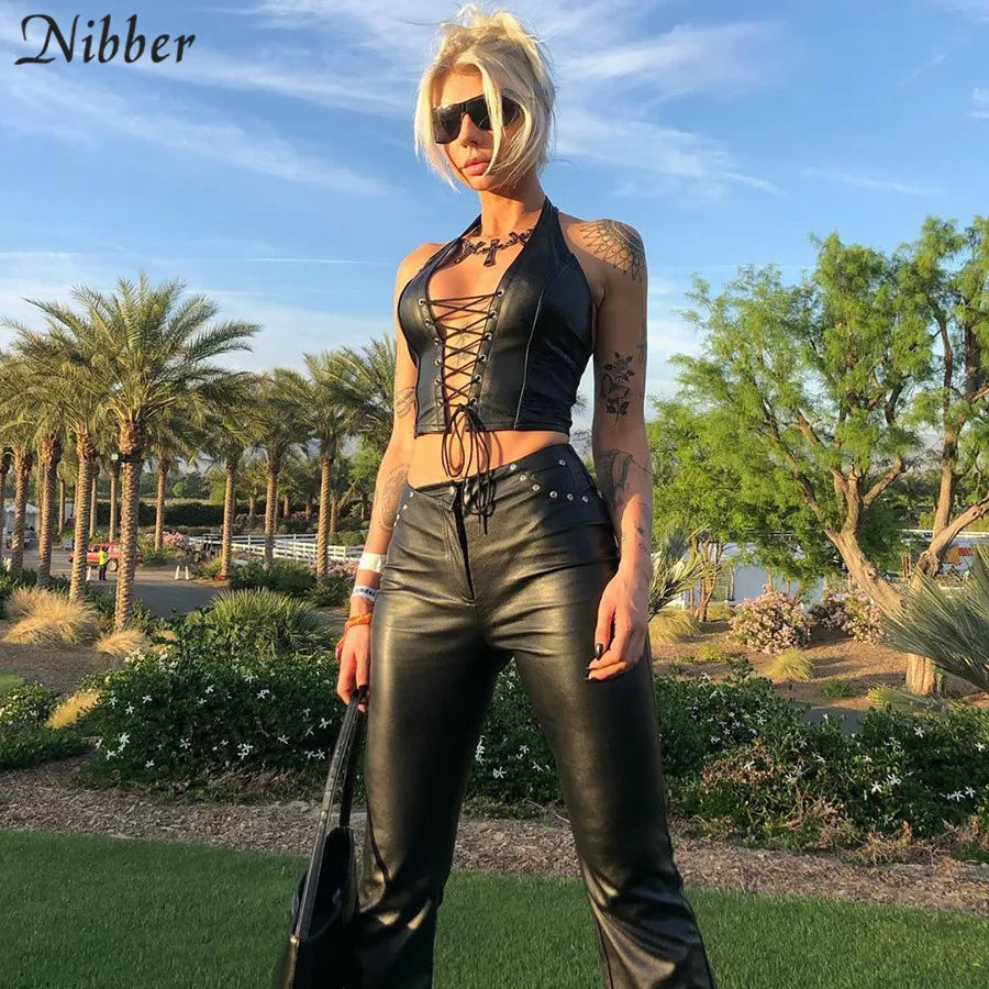 Nibber Sexy Punk Y2K Black PU Leather Crop Top Womens Backless Camisole 2022 Summer Vest Fashion Club Wear Tank Tops