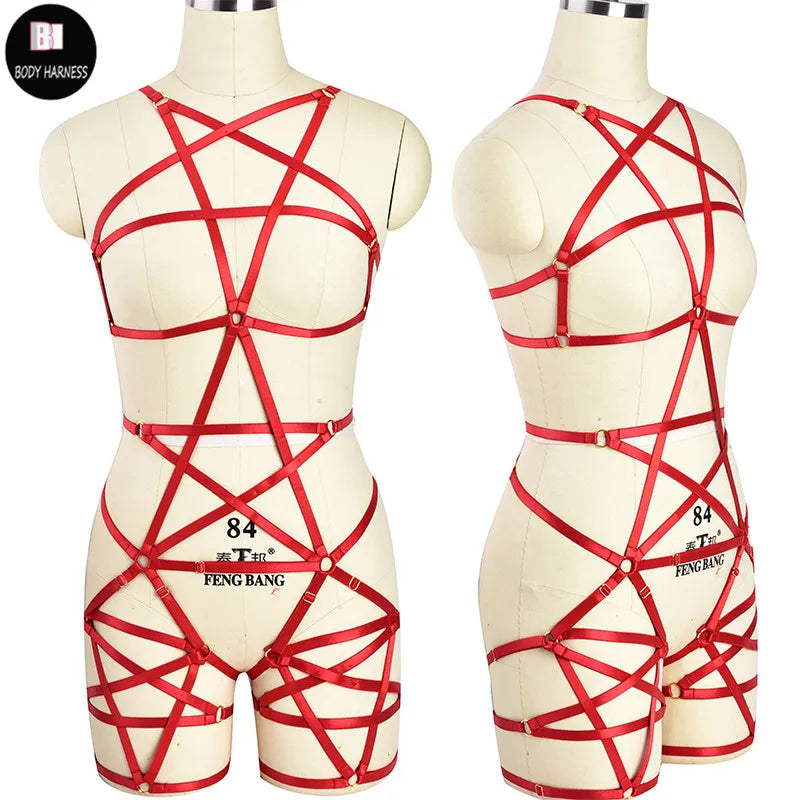 Wanita Goth pentagramme corps harnais ensemble Punk pôle danse harnais soutien-gorge Rave pentagramme jambe jarretière Sexy Lingerie corps Cage