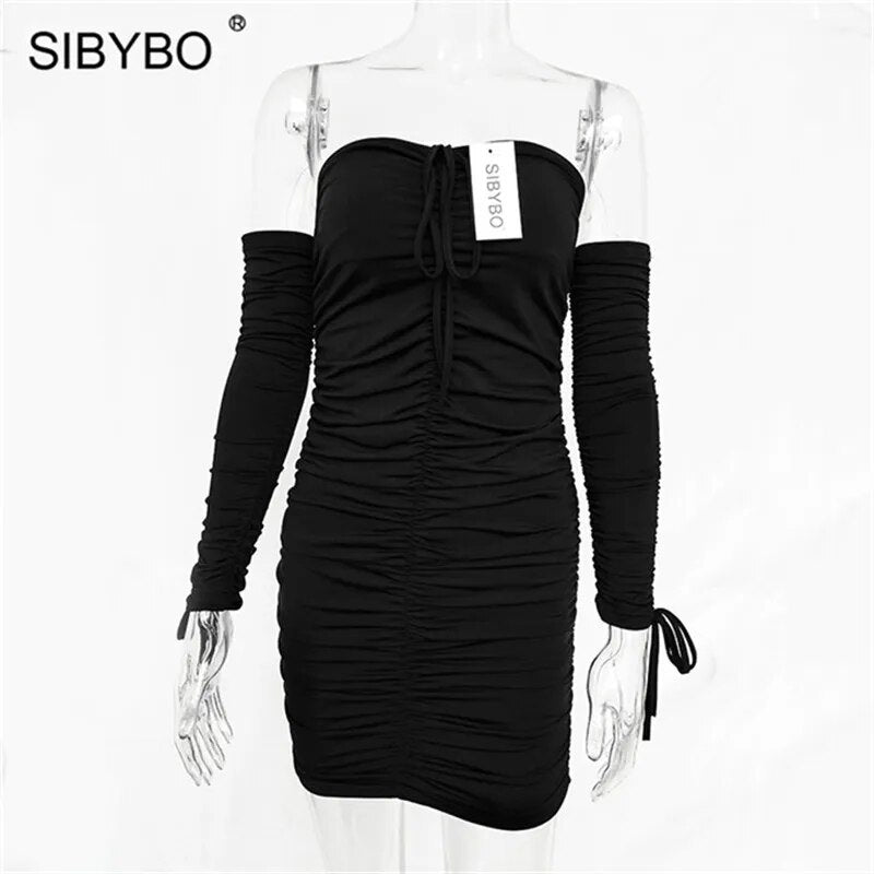 Sibybo-vestido ceñido con hombros descubiertos, Sexy, sin tirantes, de manga larga para otoño e invierno, Vestidos cortos con espalda descubierta para fiesta y Club