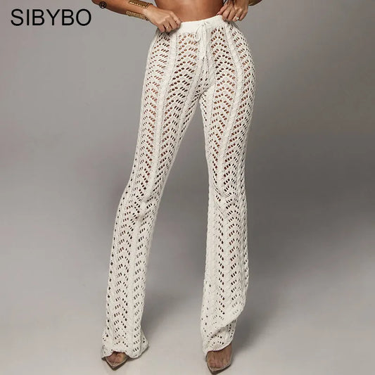 Sibybo évider tricoté taille haute Sexy pantalon femmes mode Crochet lâche automne pantalon femmes coton décontracté dames pantalon