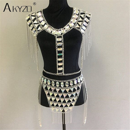 Crazy Crystal Sequin Women 2 Piece Sets Funny Festival Outfits Handmade Patchwork Metal Tassel Chain Crop Top Women's Set