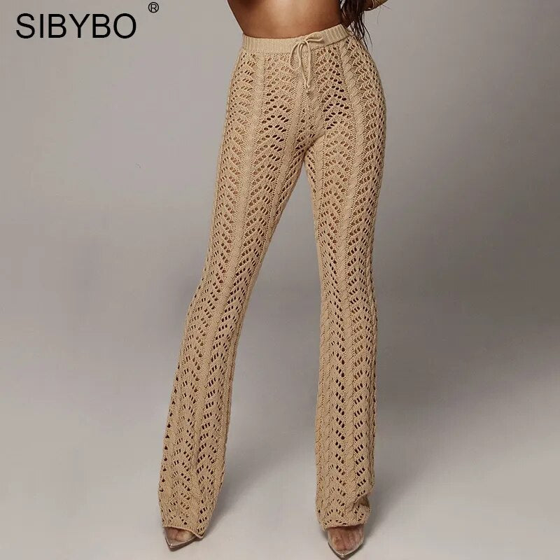 Sibybo évider tricoté taille haute Sexy pantalon femmes mode Crochet lâche automne pantalon femmes coton décontracté dames pantalon