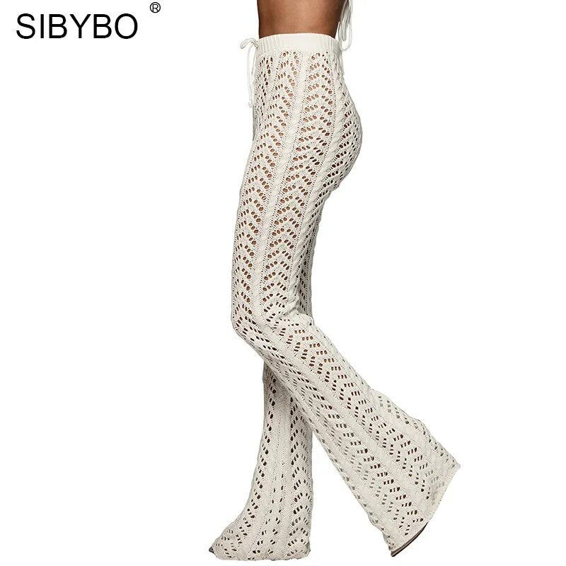 Sibybo évider tricoté taille haute Sexy pantalon femmes mode Crochet lâche automne pantalon femmes coton décontracté dames pantalon