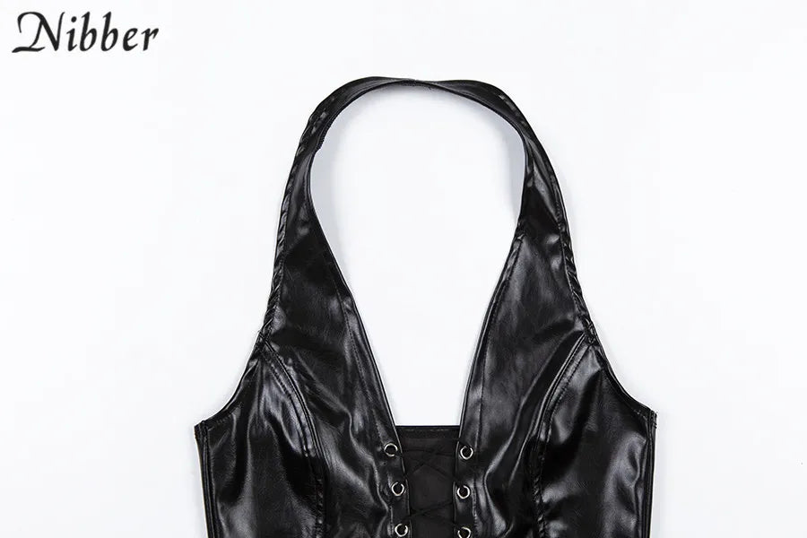 Nibber Sexy Punk Y2K Black PU Leather Crop Top Womens Backless Camisole 2022 Summer Vest Fashion Club Wear Tank Tops