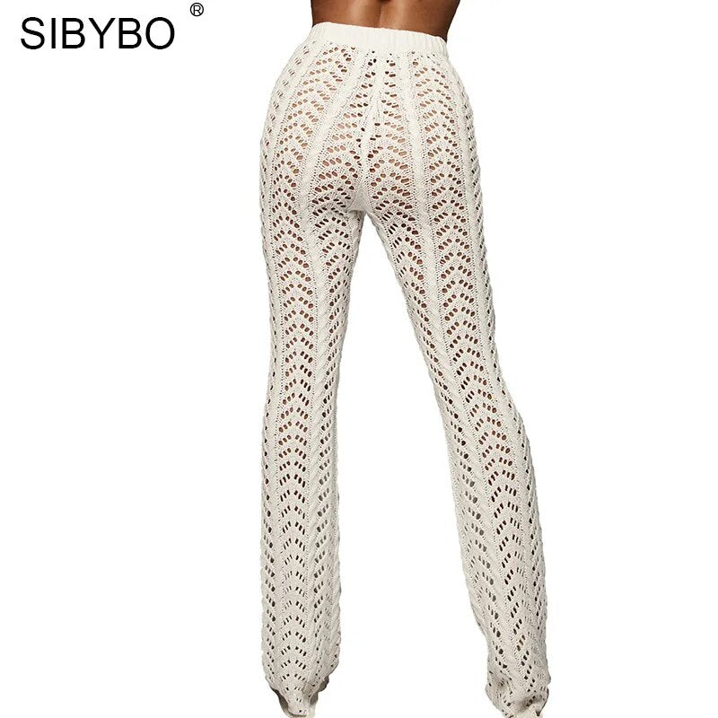 Sibybo évider tricoté taille haute Sexy pantalon femmes mode Crochet lâche automne pantalon femmes coton décontracté dames pantalon