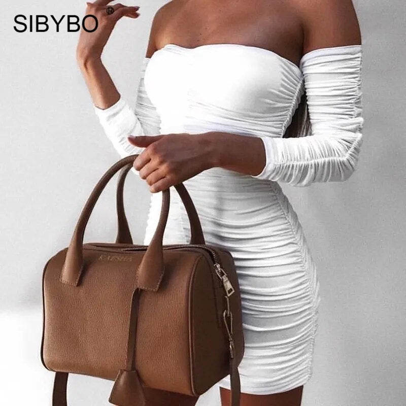 Sibybo-vestido ceñido con hombros descubiertos, Sexy, sin tirantes, de manga larga para otoño e invierno, Vestidos cortos con espalda descubierta para fiesta y Club