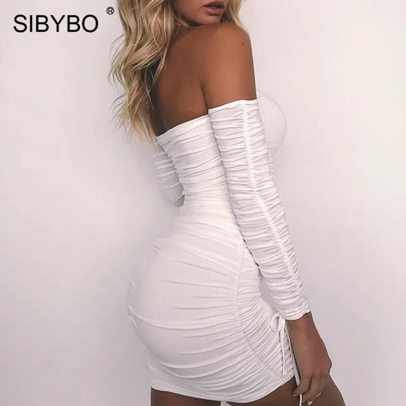 Sibybo Off Shoulder Strapless Sexy Bodycon Dress Autumn Winter Long Sleeve Sheath Club Party Dresses Backless Short Vestidos