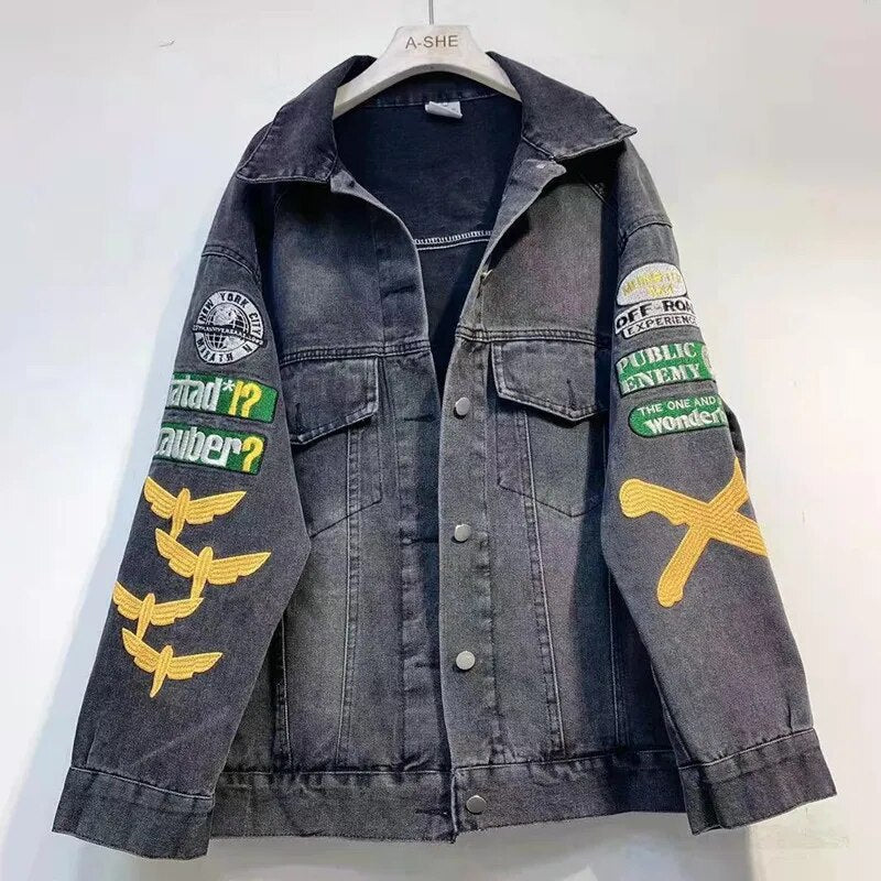 2023 New Loose Rhinestone Letter Denim Jacket Women's All-Match Hip Hop Vintage Jeans Coat Fashion Embroidery Beading Top