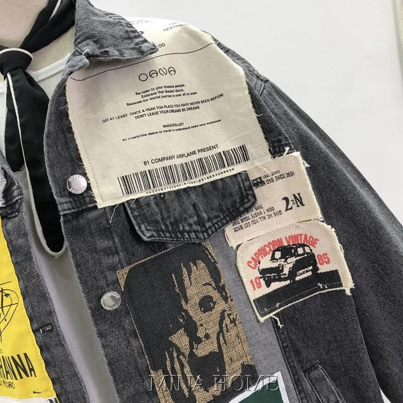 Denim Jacket Oversize Ladies Spring And Autumn Personality Patch Stitching Jacket Bf Punk Jacket Jean Jacket Ropa De Mujer