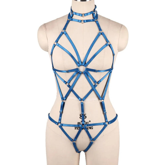 Femmes bleu corps harnais soutien-gorge Sexy Lingerie ensemble complet Punk Goth nuit Rave corps Cage haut culotte jarretelle ajuster jarretière ceinture