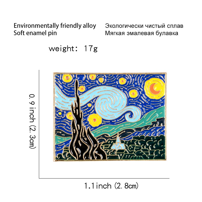 Van Gogh Paintings Quiet Starry Sky Moon Night Artwork Brooches For Artist Friends Romantic Village Tree Natural Scenery Jewelry The Alien Stuff