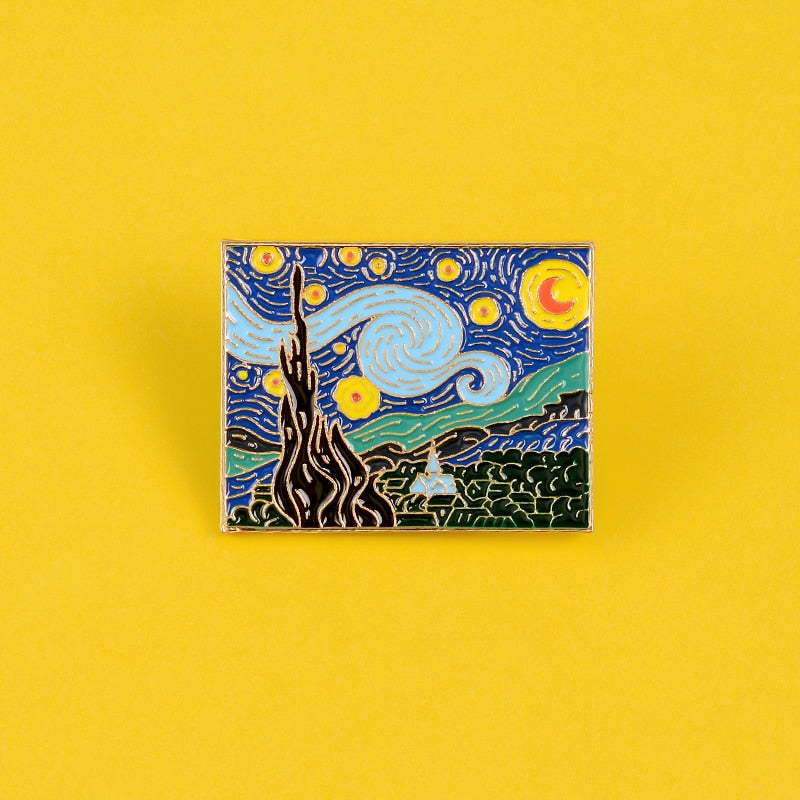 Van Gogh Paintings Quiet Starry Sky Moon Night Artwork Brooches For Artist Friends Romantic Village Tree Natural Scenery Jewelry The Alien Stuff