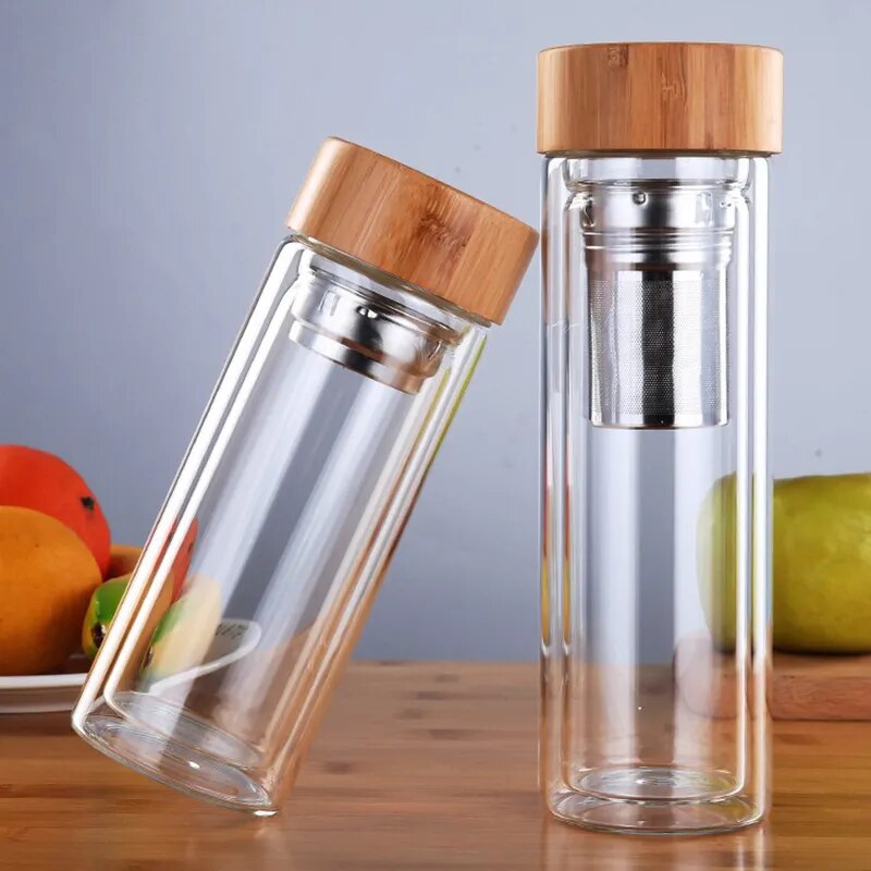 350/450Ml Double Wall Glass Water Bottle Tea Infuser Office Tea Cup Stainless Steel Filters Bamboo Lid Travel Drinkware