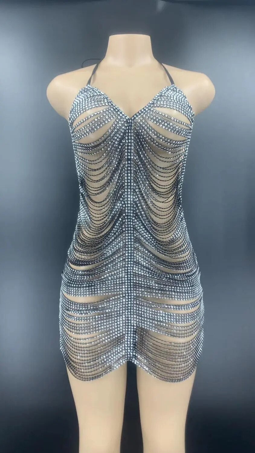 Vestido corto sexi de escenario con cadena de diamantes de imitación para mujer, vestido negro y plateado con cadena para baile de graduación y baile de graduación, traje hueco con espalda descubierta para mujer, vestido de celebración de cumpleaños