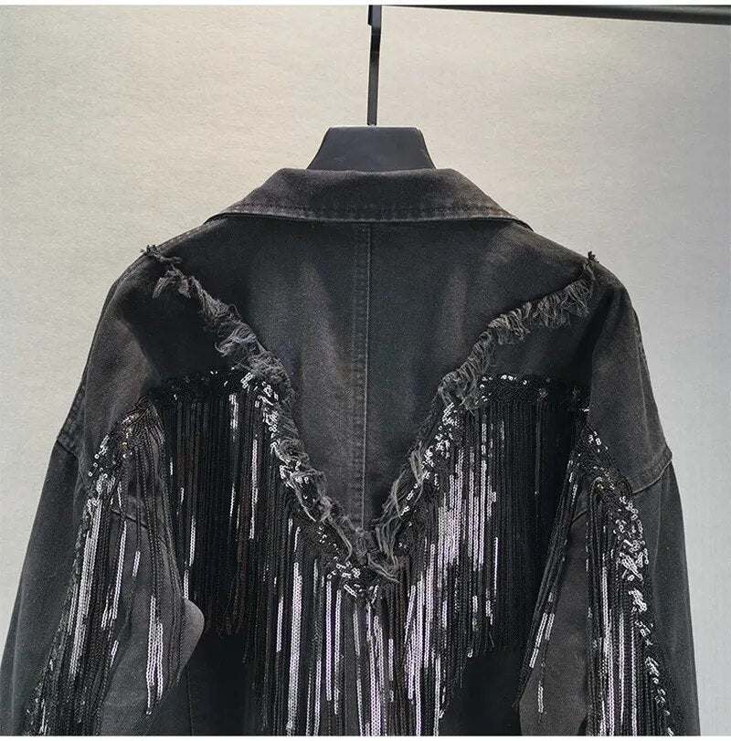 2023 Autumn Streetwear Denim Jacket Women Sequins Chain Tassel Veste Femme Black Loose Short Jeans Coats Outwear Chaquetas Mujer