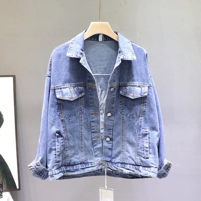 2023 Autumn Loose-Fit Denim Jacket Handsome Boyfriend Wind Heavy Embroidery Small Crane Fashionable Black Jacket Womenes