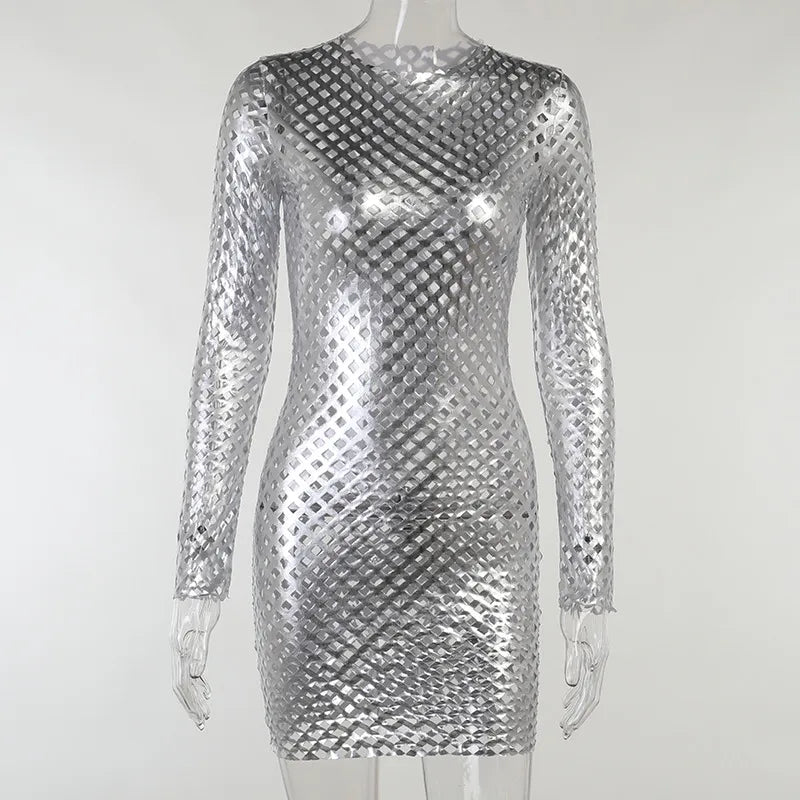 Otoño Sexy ceñido al cuerpo ahueca hacia fuera el vestido de plata de malla de diamante Club de manga larga Mini vestido de fiesta lápiz para las mujeres