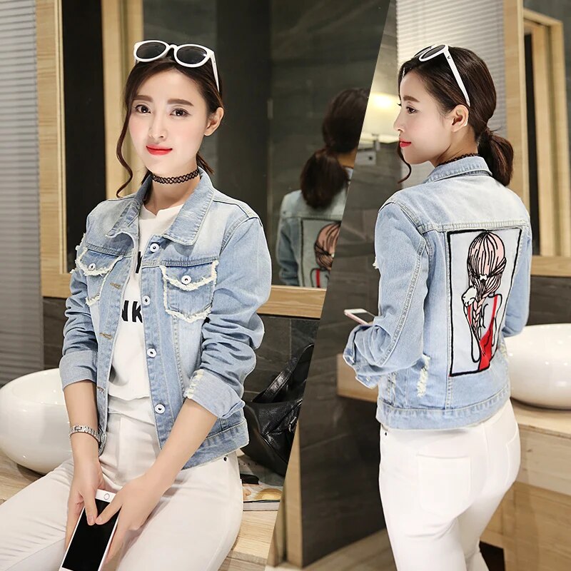 Denim Jacket Womens Autumn Funny Cartoon Print Long Denim Jacket Women Vintage Streetwear Punk Style Jean Jacket Casaco Feminino