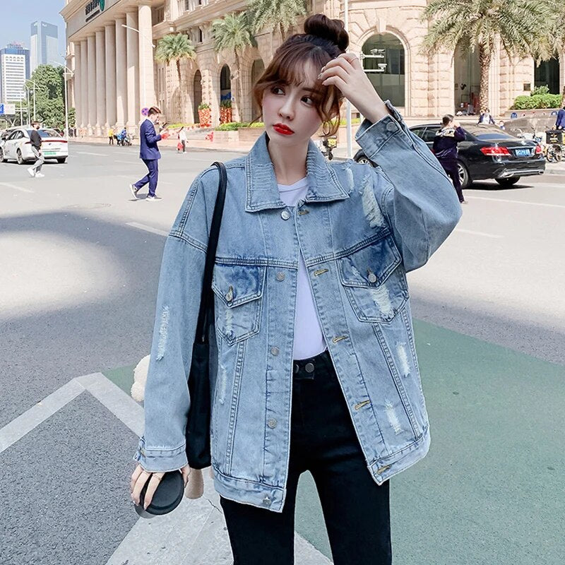 2023 New Fashion Dinosaurs Cartoon Print Long Denim Jacket Femme Coat Women Vintage Streetwear Style Loose Jean Jacket