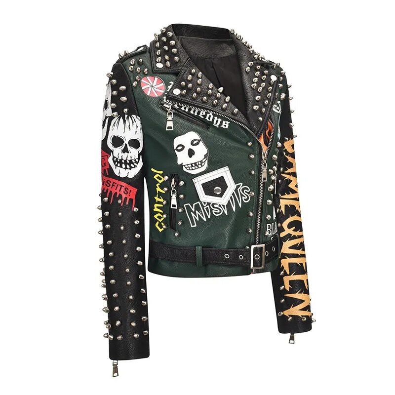 Spring Skull Pattern Graffiti Short Leather Jackets For Punk Women Rivet Slim Streetwear Motorcycle Jackets Coat