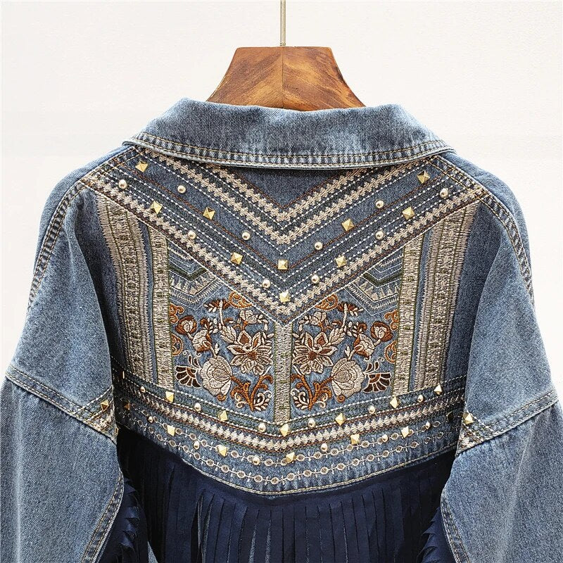 Denim Jacket Floral Embroidery Suede Tassels Loose Coat Long Sleeve Outerwear Streetwear Diamonds Rivet Jacket Women Veste Femme