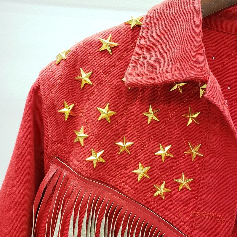 Denim Women Jacket 2023 Autumn New Spring Vintage Star Rivet Suede Fringe Loose Coat Long Sleeve Outerwear Female Boho Jacket