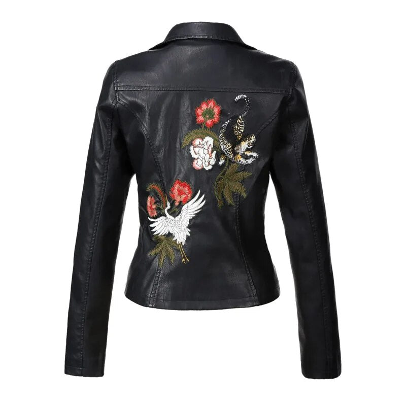 Veste d'automne en cuir Pu brodée de fleurs pour femme, col rabattu, rivets, fermeture éclair, manteaux De motard noirs, hauts vêtements Ropa De Mujer