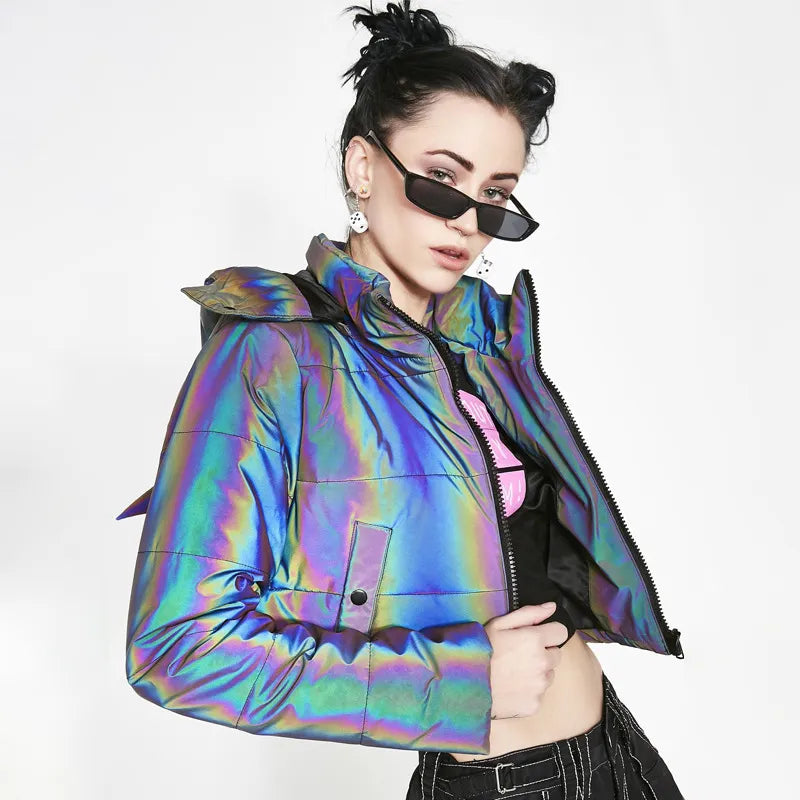 Chaqueta reflectante de arco iris para mujer, Parka cálida de invierno a la moda de Hip Hop, Abrigo corto largo con capucha acolchado de algodón para mujer, Top corto