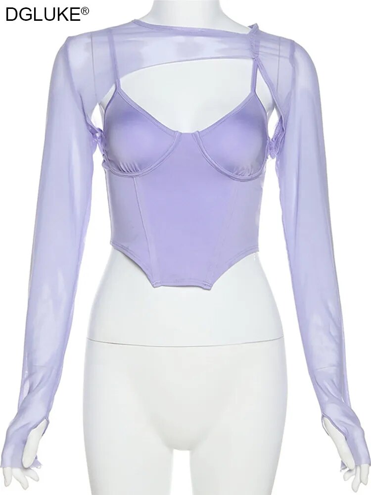 Haut court en maille Sexy à manches longues pour femmes, Corset violet à la mode, Camisoles à col en v, ensemble deux pièces, tenues de Club, Y2K, été, 2022