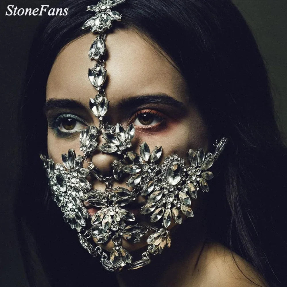 Wanita StoneFans Designer Party Crystal Flower Rhinestone Mask Masquerade Jewelry Decorative Luxury Mask for Face Design Women Gifts