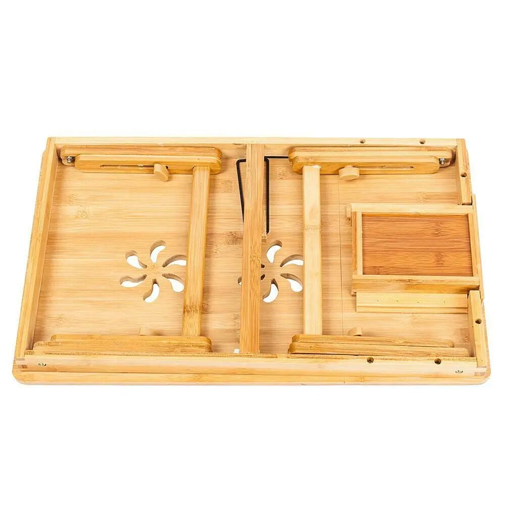 Bamboo Laptop Desk Adjustable Breakfast Serving Bed Tray with Tilting Top Drawer