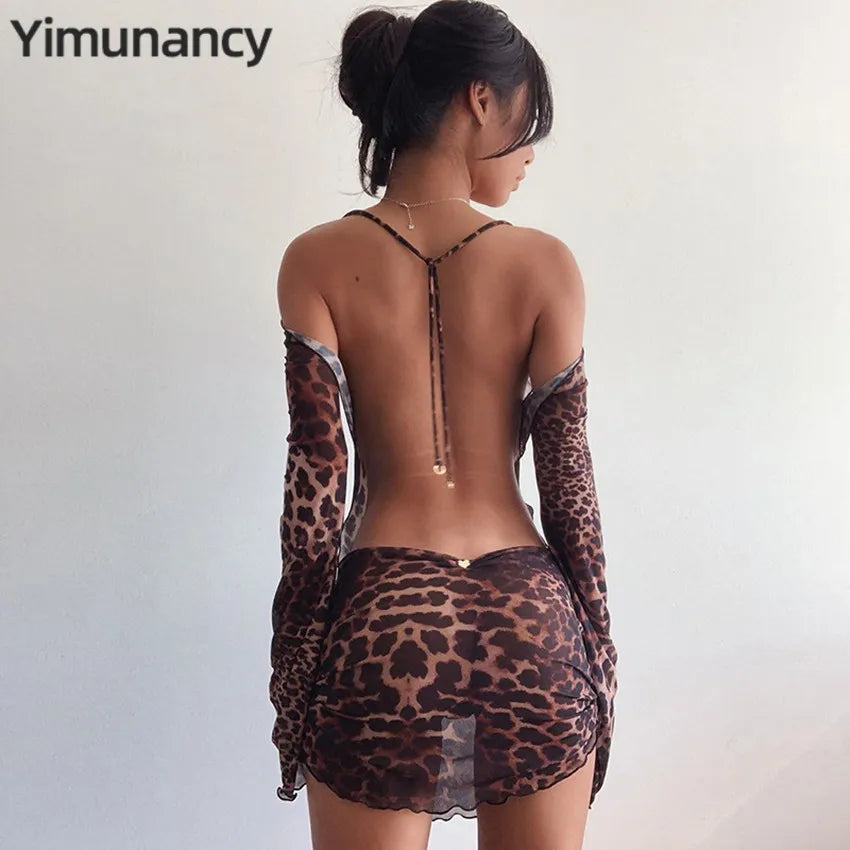 Yimunancy-vestido con estampado de leopardo y espalda descubierta para mujer, vestido de malla de manga larga, vestido Sexy transparente con cuello Halter para primavera 2021