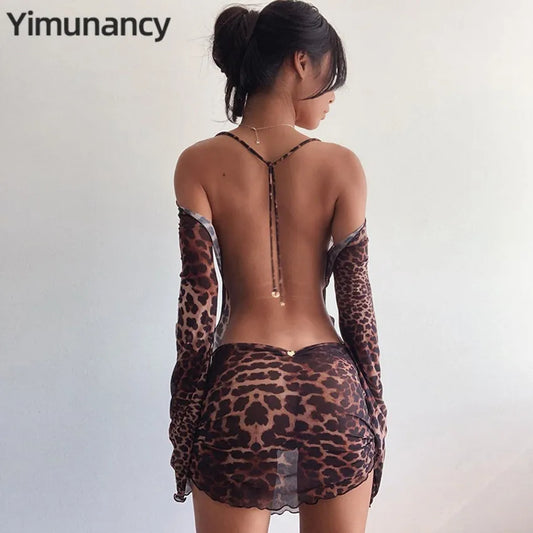 Yimunancy Leopard Print Backless Dress Women Long Sleeve Mesh Dress 2021 Spring Halter Transparent Sexy Club Dress Vestidos