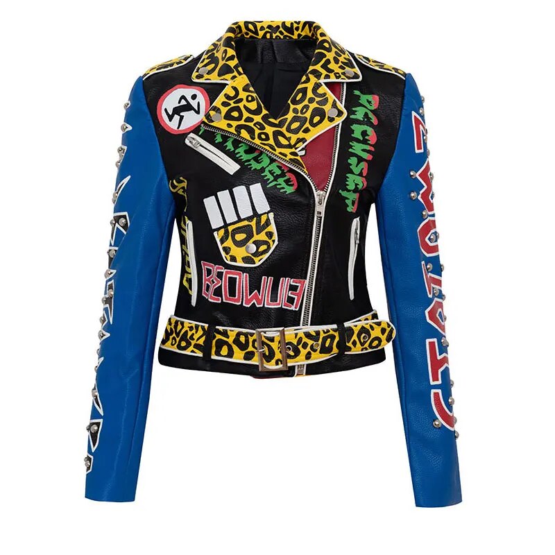 Spring Faux Leather High Waist Jacket  Women Graffiti Leopard Pattern Rivet Motorcycle Clothing