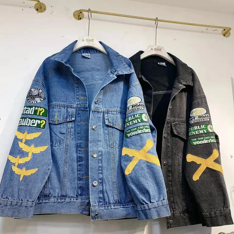 2023 New Loose Rhinestone Letter Denim Jacket Women's All-Match Hip Hop Vintage Jeans Coat Fashion Embroidery Beading Top