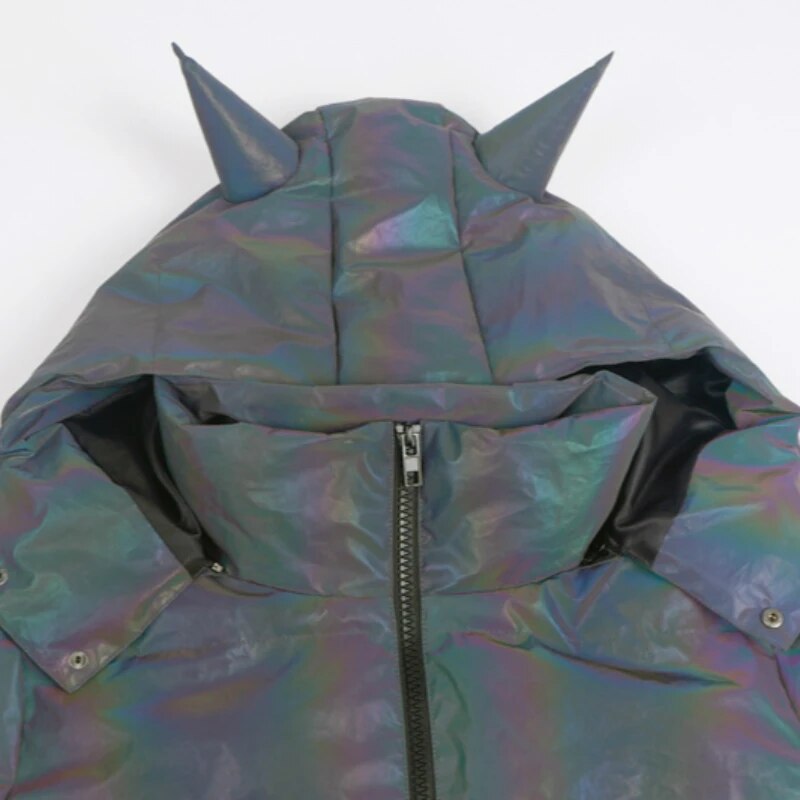 Chaqueta reflectante de arco iris para mujer, Parka cálida de invierno a la moda de Hip Hop, Abrigo corto largo con capucha acolchado de algodón para mujer, Top corto